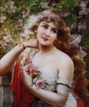 バラを持つ若い女性の女の子 エミール・バーノン Oil Paintings